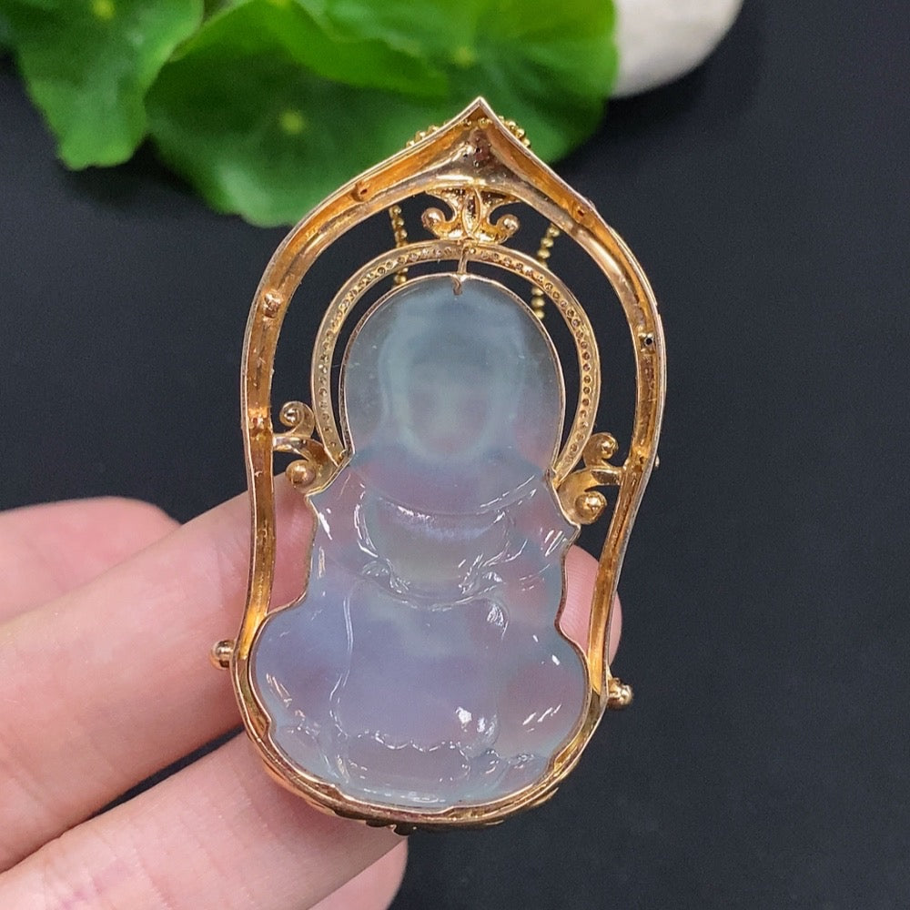 Huiliu Jadeite Guanyin pendant with colorless diamonds, set in jade, shown without chain, crafted by HUILIU HQ.