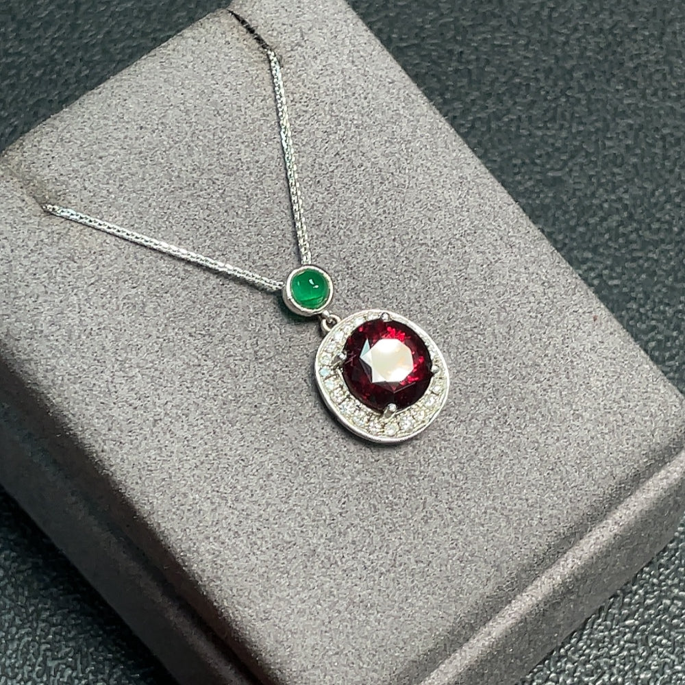 Garnet Pendant with Clarity-Enhanced Emerald and Diamond Accents in, . Including Chain | Huiliu Certified
