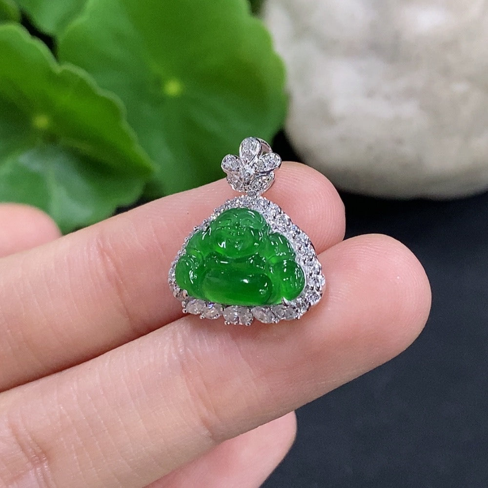 Jadeite Buddha Pendant Set in with Diamond Accents (Smallest Only) . | Huiliu Certified