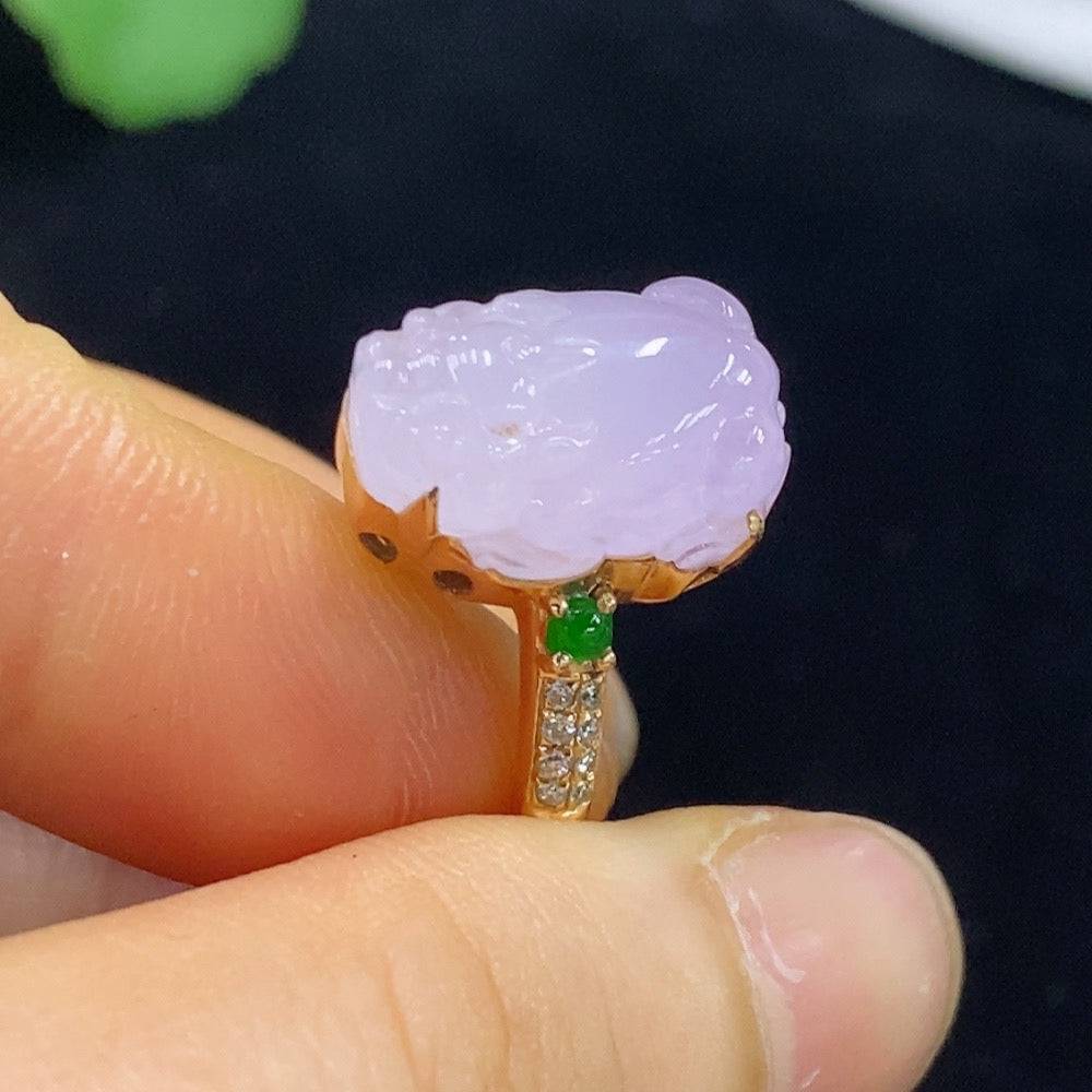 Huiliu Jadeite Pi Xiu ring with inlaid diamonds, featuring intricate jade design and Huiliu certification, on a neutral background.