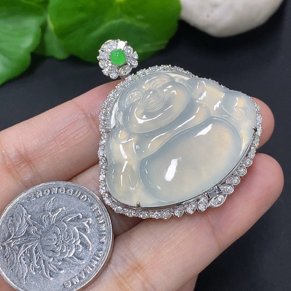 Jadeite Buddha Pendant Set in 18K Gold, Total Weight Approx. 18.2g (with Diamond Accents)
