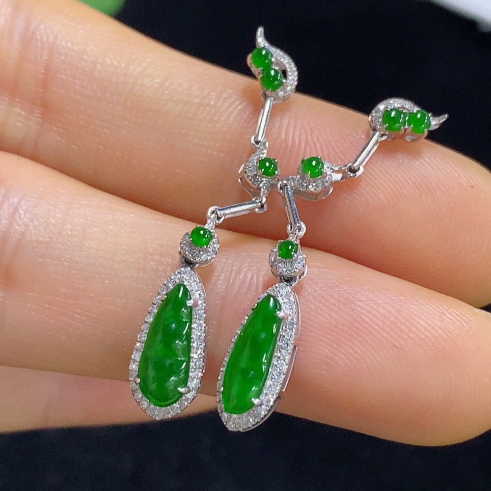 Jadeite Auspicious Bean Inlaid Earrings 18k with Diamond Accents Total Weight Approx. 2g