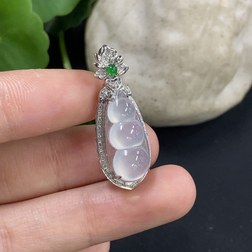 Jadeite Auspicious Bean Pendant Set in with Diamond Accents, . | Huiliu Certified