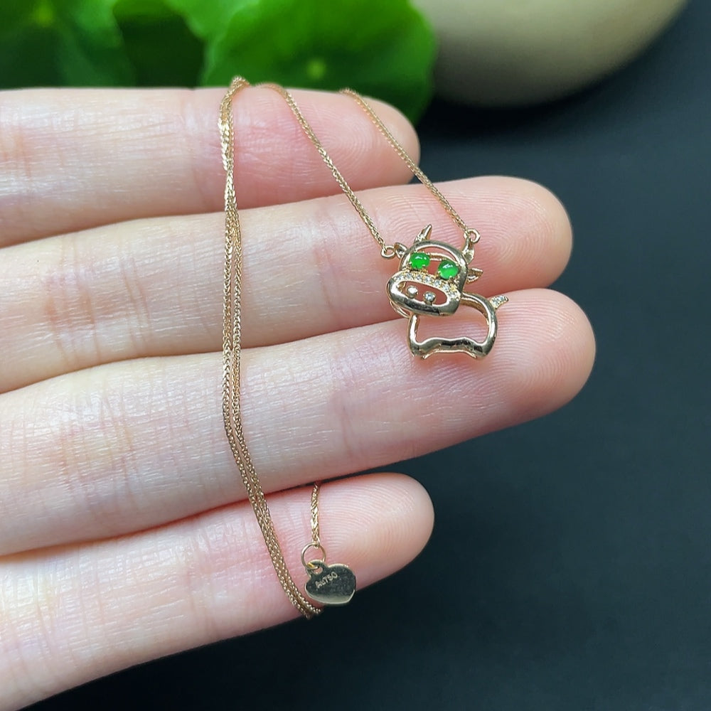 Jadeite Cabochon Pendant Necklace with 18K Gold and Diamond Accents, Total Weight Approximately 1.34g Including Chain
