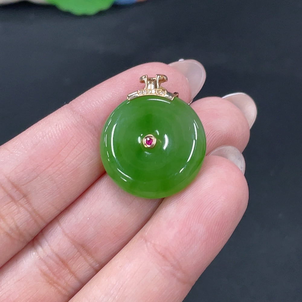 Hetian Jade Inlaid Pendant Peace Buckle Total Weight Approx.5.6g 18k Set with Colorless Diamonds