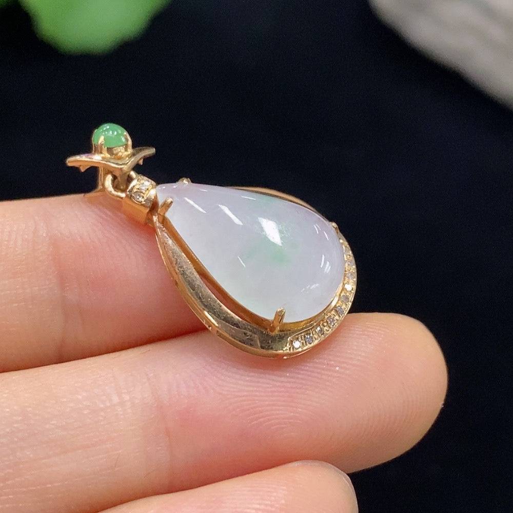 Huiliu Jadeite pendant with diamond accents, featuring a polished green jade stone on a delicate chain.