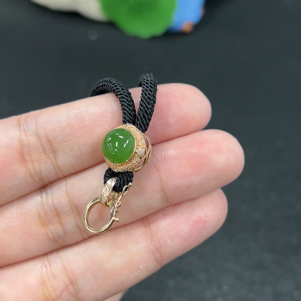 Hetian Jade Jasper Inlaid Pendant 18K with Diamond Accents