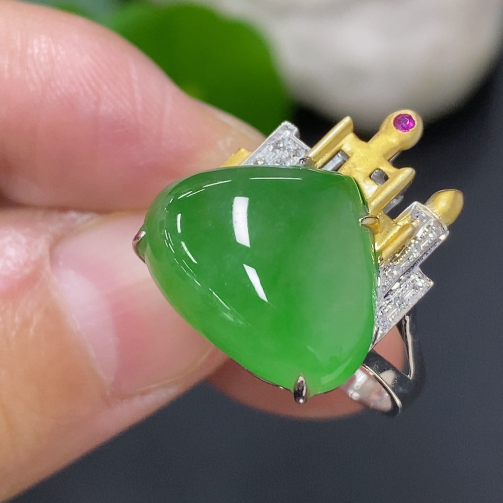 Jadeite Inlaid Ring 18K Gold (Colorless Accent Stones are Diamonds)