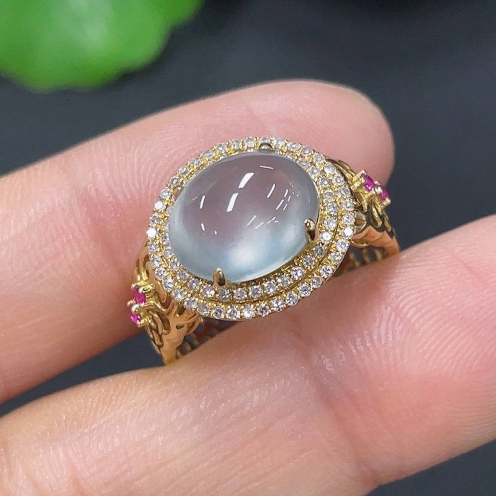 HUILIU HQ jadeite ring with inlaid diamond, featuring a smooth jade band and a sparkling colorless diamond accent.