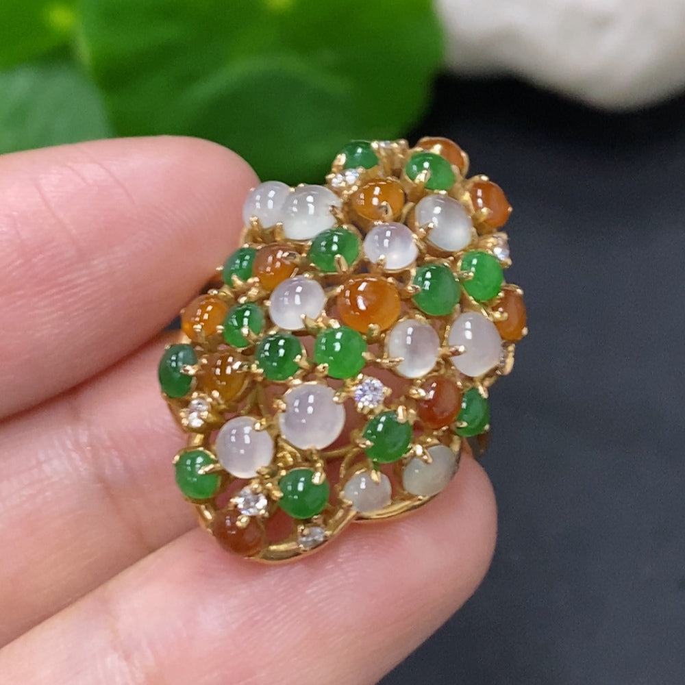 HKHQ jadeite cabochon ring with diamond inlays, 18K gold, size 17, showcasing elegant jewelry craftsmanship.