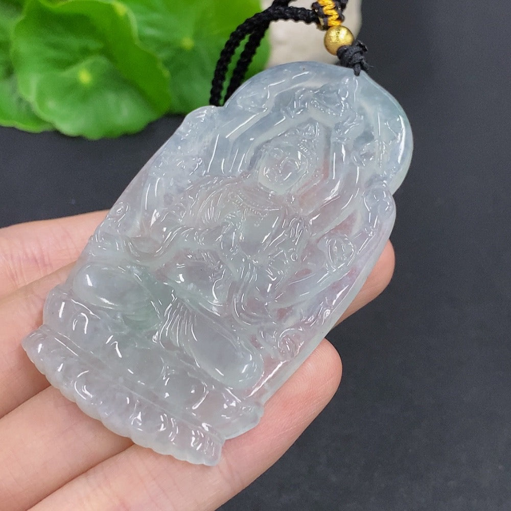 Jadeite Thousand-Hand Guanyin pendant necklace by HKHQ featuring detailed carved pendant on a cord.