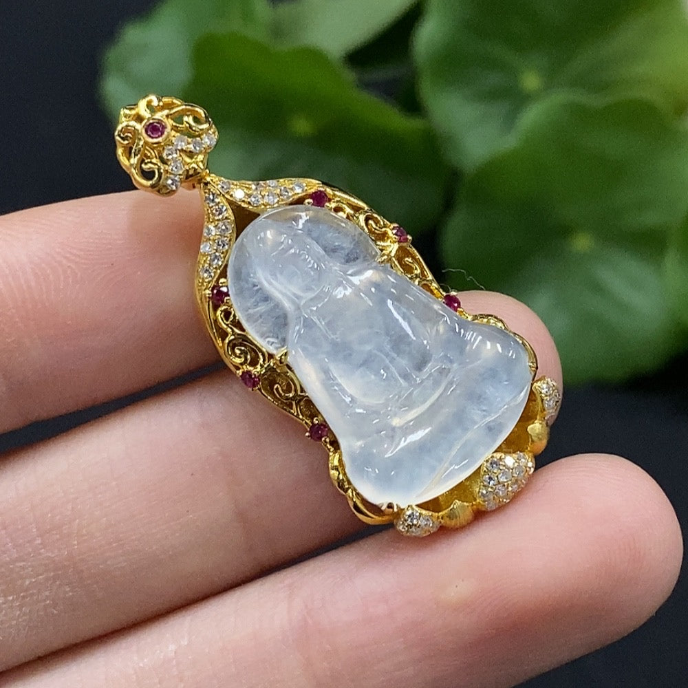 Jadeite Guanyin Inlaid Pendant No Stamp, 18K Gold Content Tested, Set with Colorless Diamonds, Total Weight Approximately 4.74g