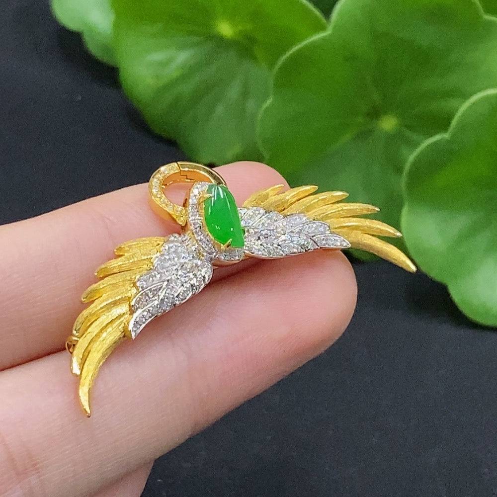 Jadeite inlaid brooch with 18K gold and diamond accents, crafted by HUILIU HQ, featuring intricate jade and gold detailing.