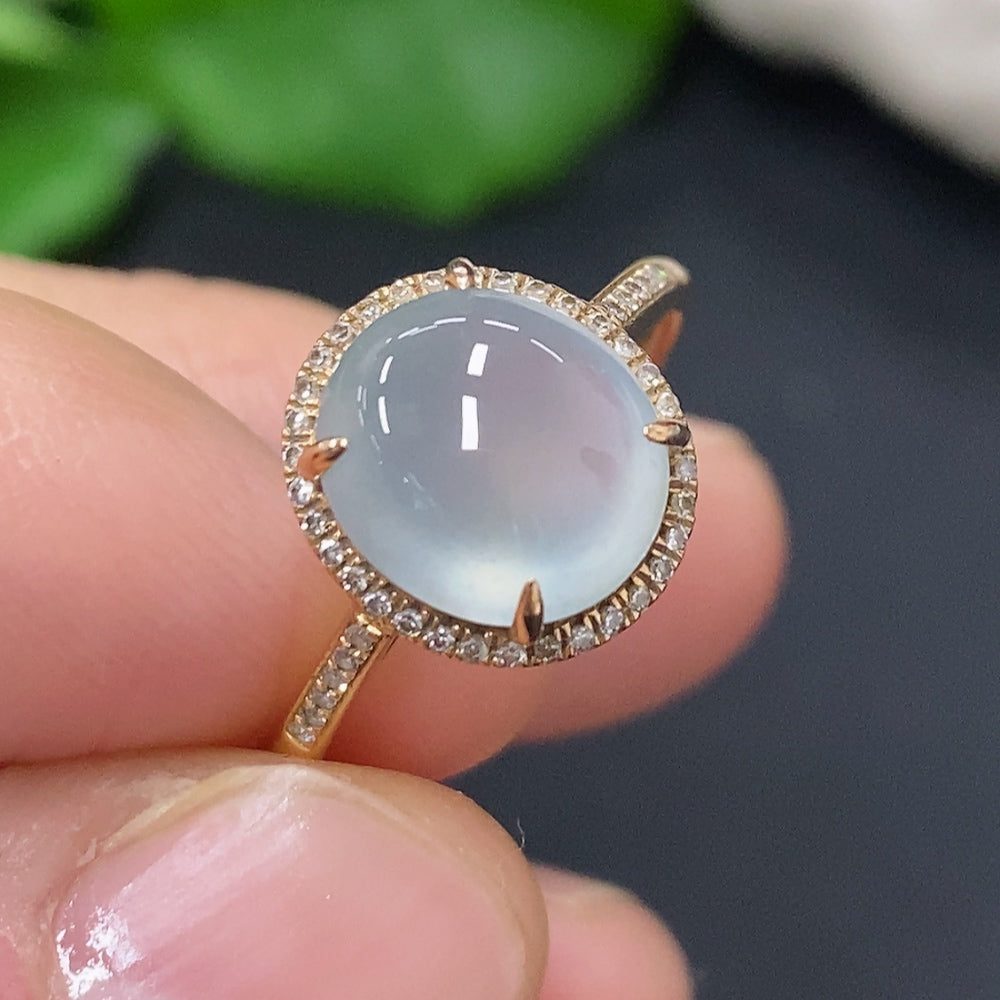 Jadeite Cabochon Ring in 18K Gold Size 15 Total Weight Approx. 2.4g (with Diamond Accents)