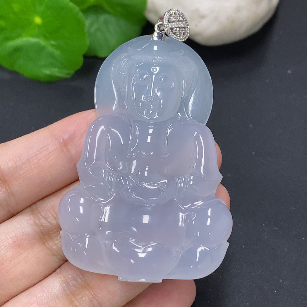 Jadeite Guanyin pendant with 18K gold clasp and diamond accents, showcasing detailed craftsmanship and vibrant green jade.