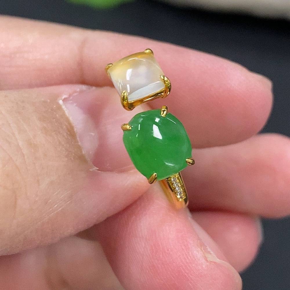 HUILIU HQ jadeite inlaid ring with 18k gold and diamond, size 13, showcasing intricate craftsmanship and elegant design.