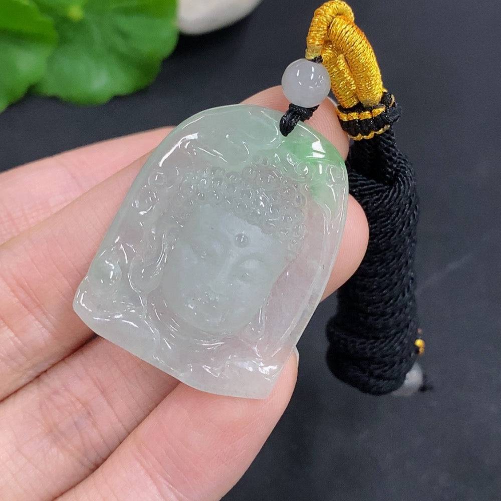 Jadeite Buddha pendant with rope, weighing approximately 14.1 grams, crafted by HUILIU HQ, featuring a detailed Buddha amulet.