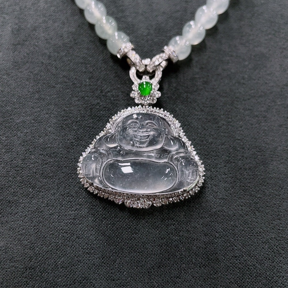 Jadeite Inlaid Buddha Pendant with 18K Gold and Diamond Accents