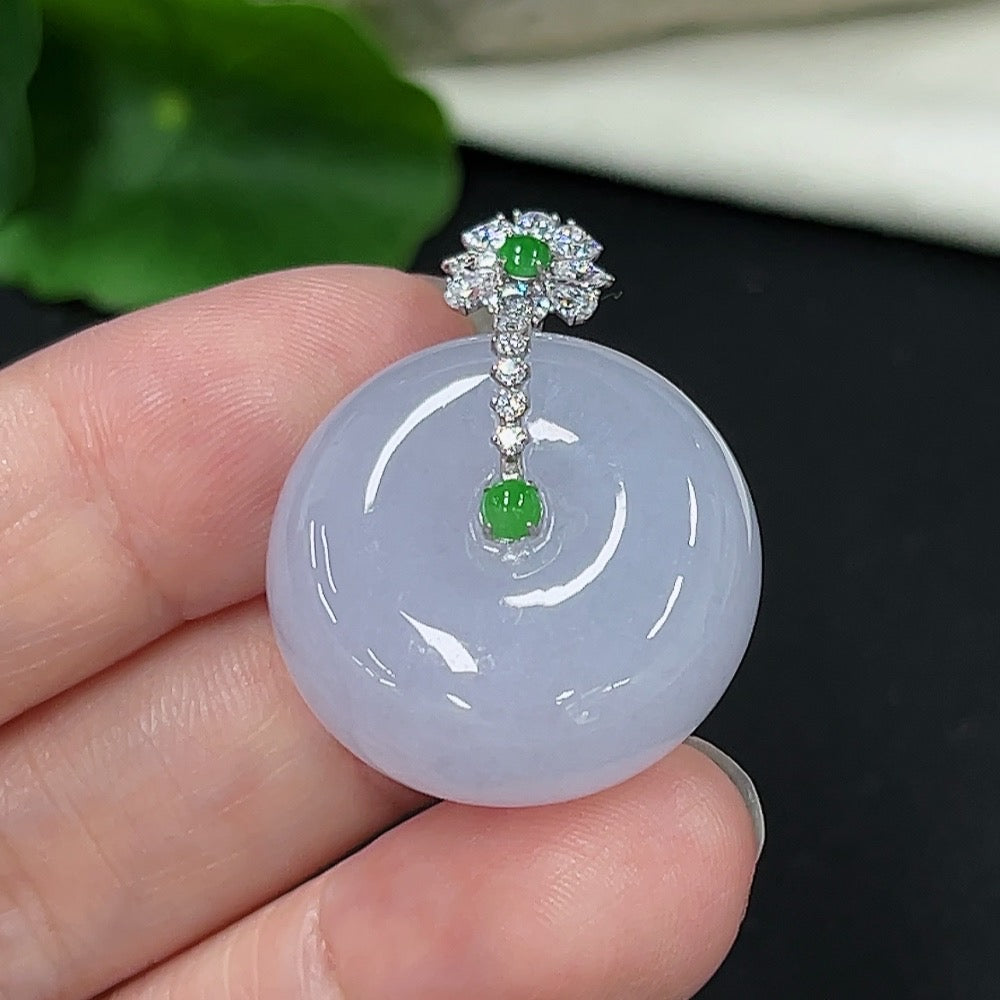 Jadeite Safety Buckle Pendant on a necklace, featuring an 18K non-diamond design by HKHQ, displayed against a neutral background.