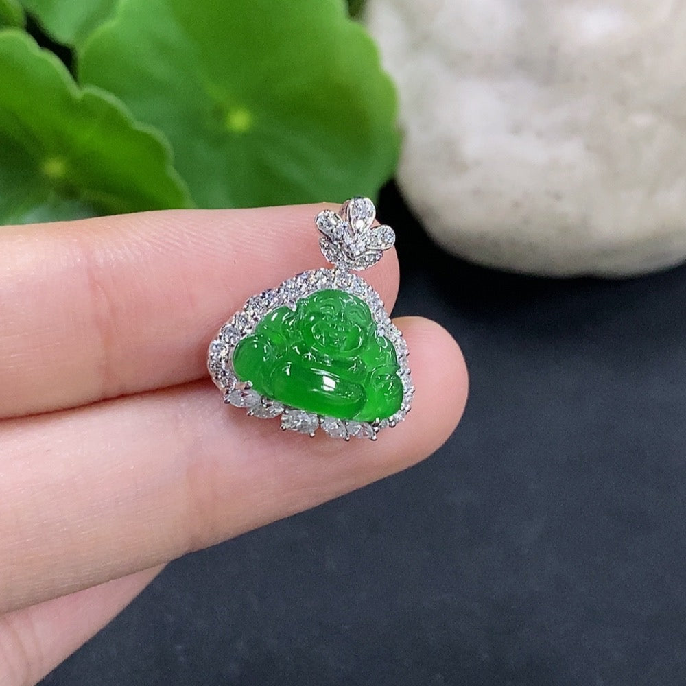 Jadeite Buddha Pendant Set in 18K Gold with Diamond Accents (Smallest Only) Total Weight Approx. 1.97g