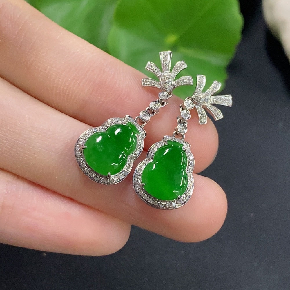 Jadeite Gourd Inlaid Earrings 18k with Diamond Accents