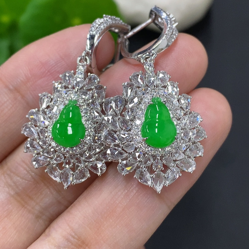 Jadeite Gourd Inlaid Earrings 18K Gold Total Weight Approx. 12.1g (with Diamond Accents)
