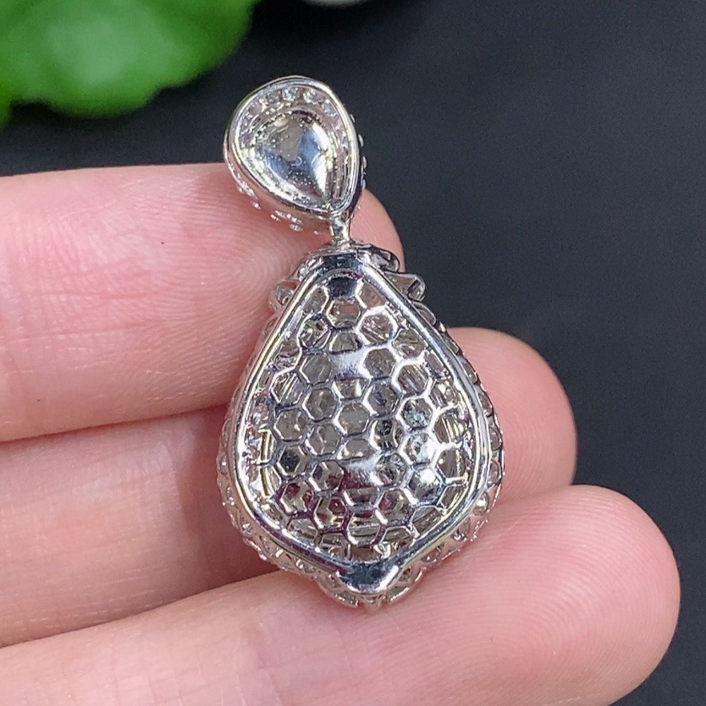 Jadeite water drop pendant necklace with 18K gold and diamond accents, featuring a polished green jade gemstone and elegant design.
