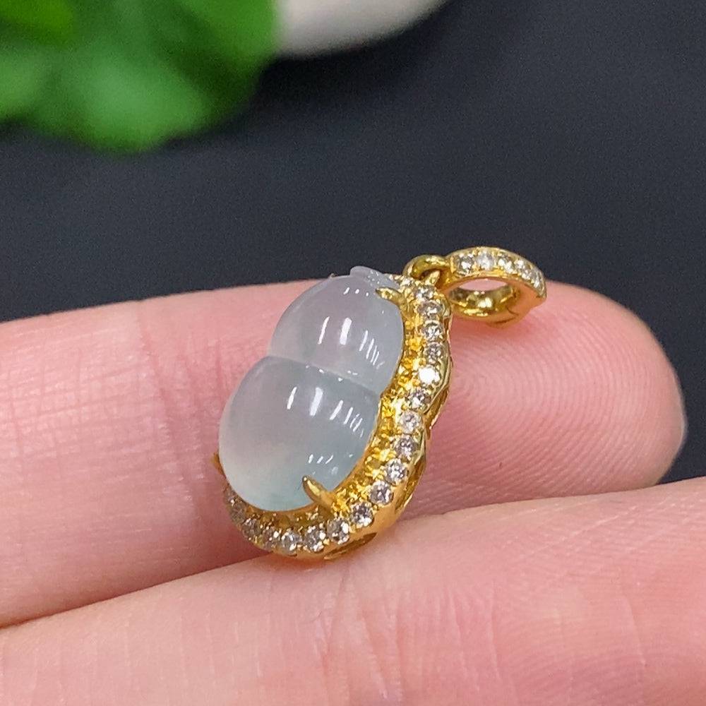 Huiliu Jadeite gourd pendant with diamond inlays, crafted from green jade, featuring intricate inlaid design and polished finish.