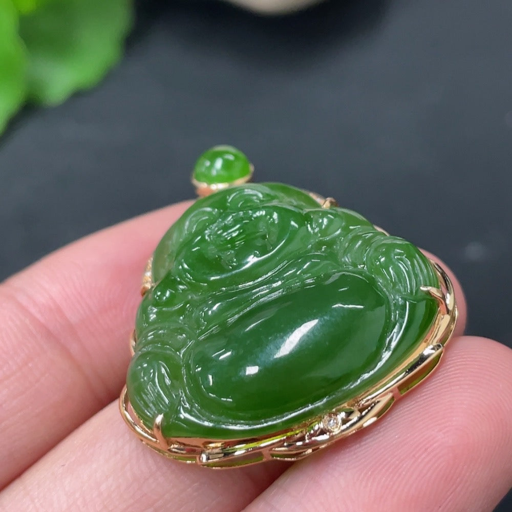 Hetian jade Buddha pendant in 18K gold with diamond accents, featuring a detailed jade Buddha figure on a gold chain.