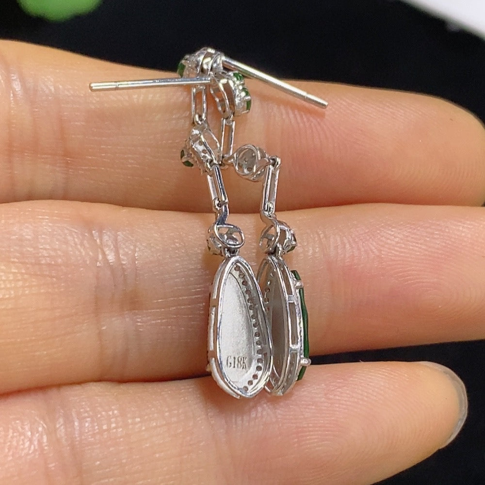 Jadeite Auspicious Bean Inlaid Earrings 18k with Diamond Accents Total Weight Approx. 2g
