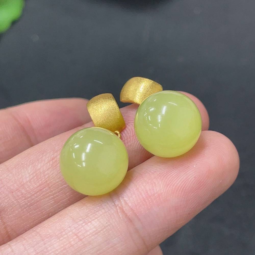 Hetian jade inlaid earrings with 18K gold setting, approx. 11.8mm size, crafted by HUILIU HQ, showcasing elegant jade jewelry.
