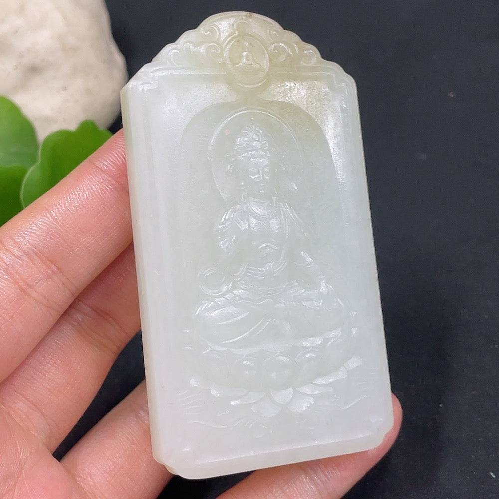 Huiliu Certified Hetian Jade Pendant featuring Guanyin figure, smooth polished surface, intricate carved details, and traditional design.