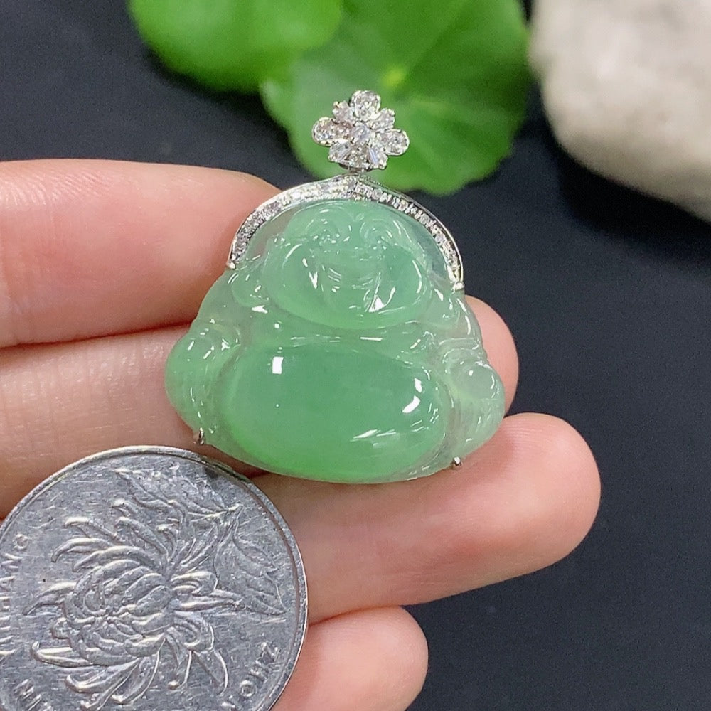 Jadeite Buddha pendant necklace with 18k gold and diamond accents, crafted by HKHQ, showcasing detailed pendant design.