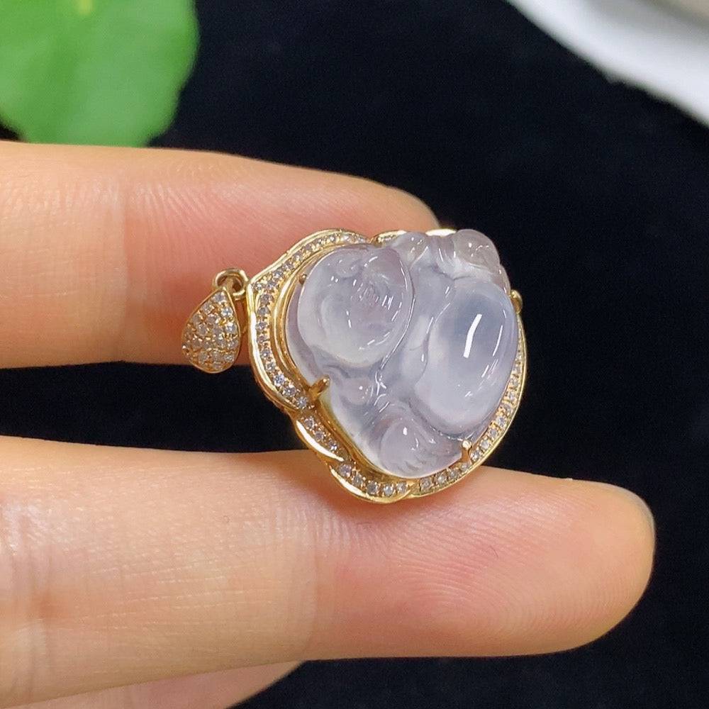 Jadeite Buddha pendant by HUILIU HQ with 18k gold accents and diamond details, showcasing a detailed Buddha figure on a jade pendant.