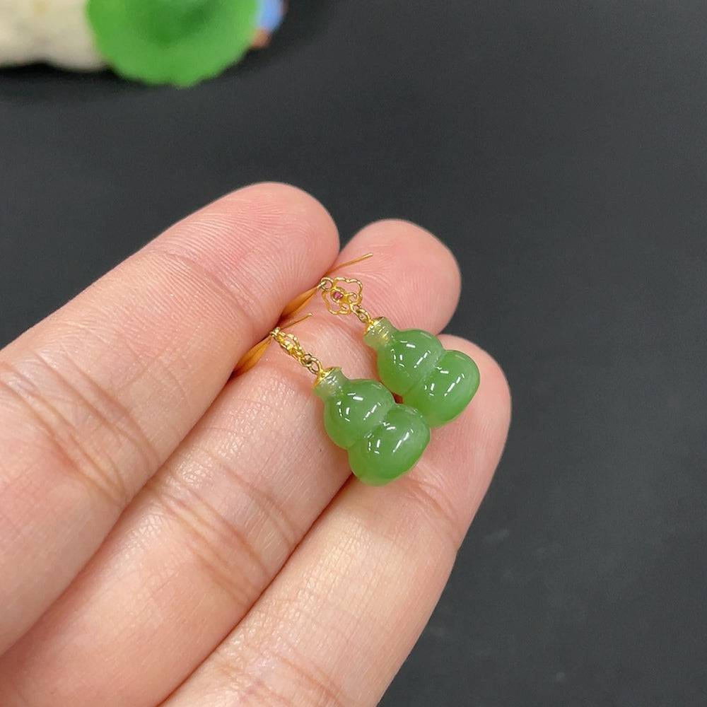 Huiliu HQ Hetian jade inlaid earrings featuring gourd design, crafted from high-quality jade with no stamp content.