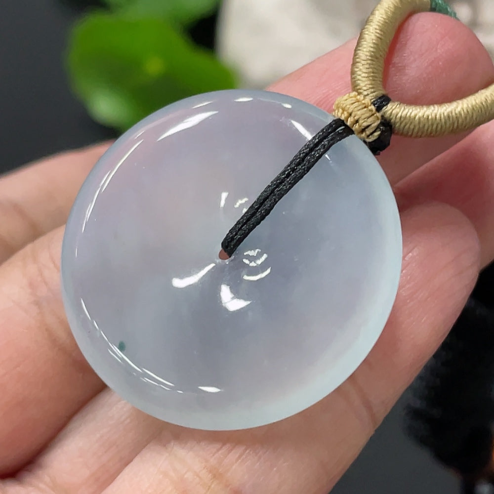 Jadeite pendant with peace buckle design, HUILIU HQ jade jewelry, approx. 14g including rope, showcasing smooth green jade surface.