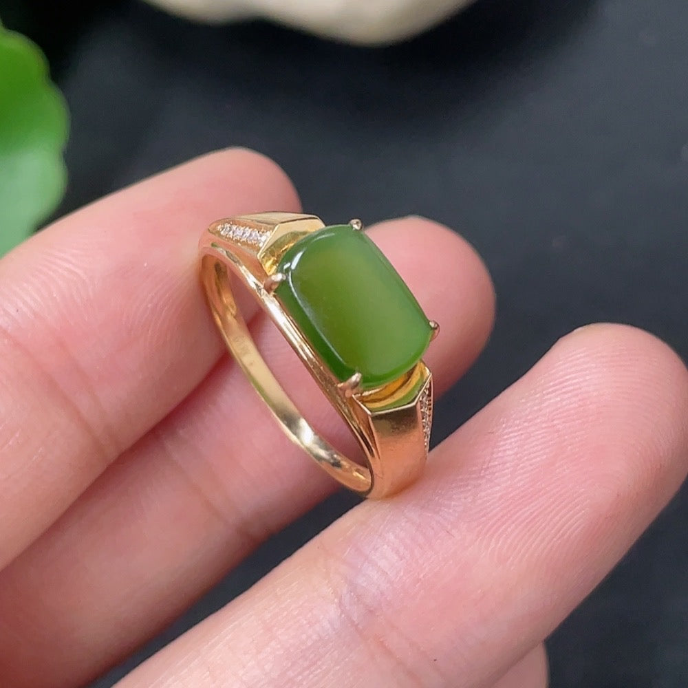 Hetian Jade Jasper ring with 18K gold band and diamond accents, size 15, from HKHQ, showcasing intricate design and polished finish.