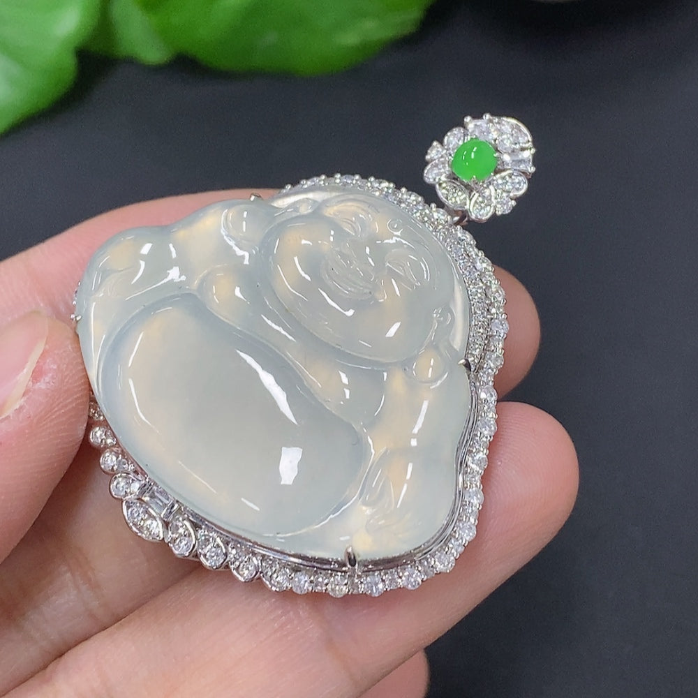 Jadeite Buddha Pendant Set in 18K Gold, Total Weight Approx. 18.2g (with Diamond Accents)