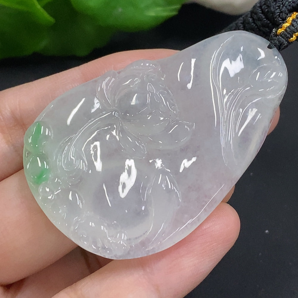 HUILIU HQ Jadeite Flower of Wealth and Honor pendant with rope, showcasing intricate jade craftsmanship and vibrant green color.