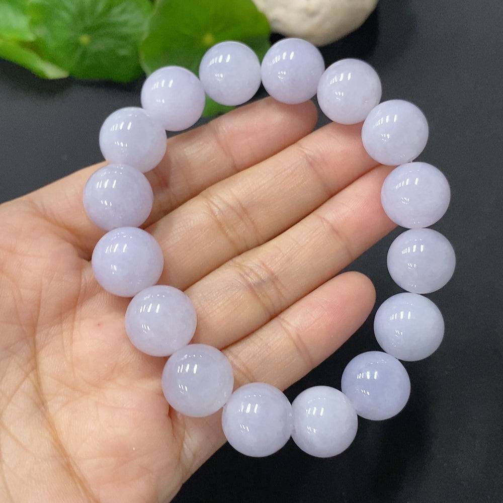 HUILIU HQ jadeite bracelet with 12.8mm beads, featuring smooth, polished green jade stones and a total weight of about 55g.