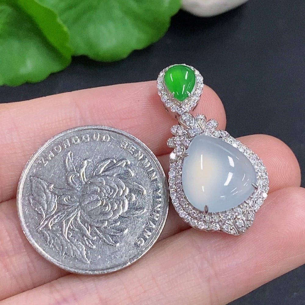 Jadeite water drop pendant necklace by HKHQ featuring 18K gold and diamond accents, hanging on a delicate chain.