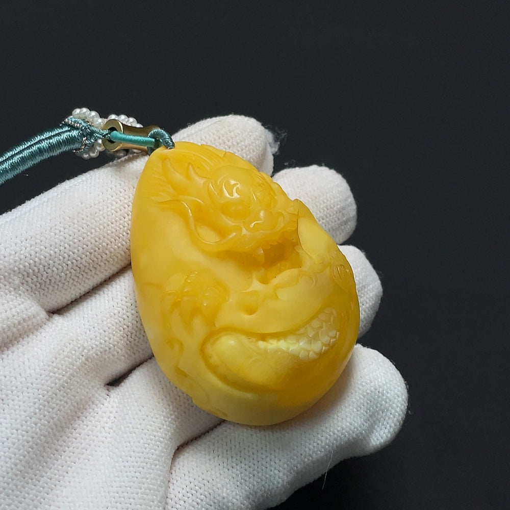 Amber Beeswax Pendant, Partial Repair Visible, Stones May Not Be Natural, Non-Gold, Includes Cord, Total Weight Approx. 33.15g