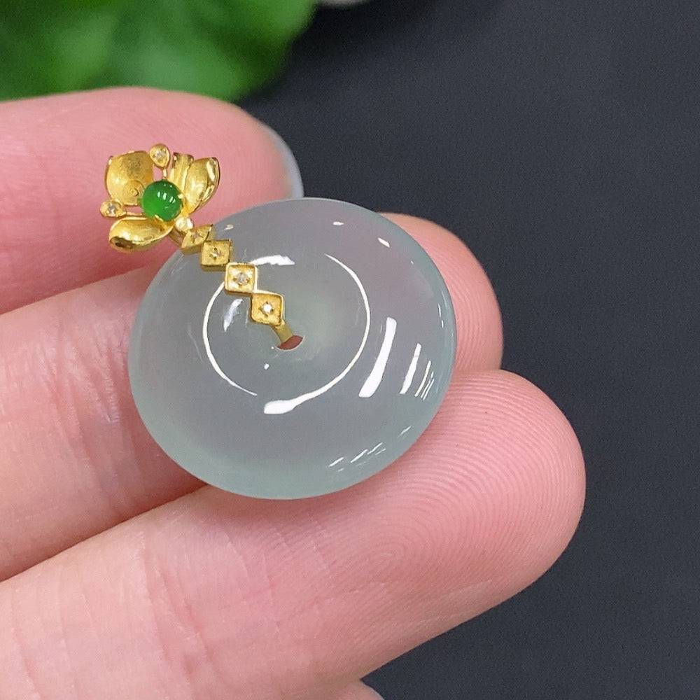 Huiliu Jadeite safety buckle with 74% jade content, non-diamond, certified jade product featuring a smooth, polished surface.