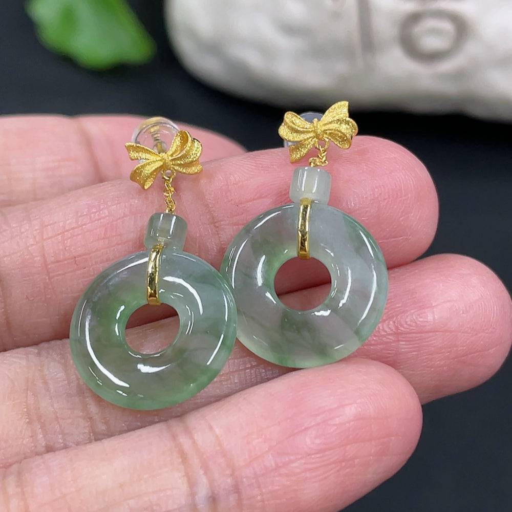 HUILIU HQ jadeite donut stud earrings in 18k gold setting, showcasing round jade stones with gold accents, approximately 3.2g.