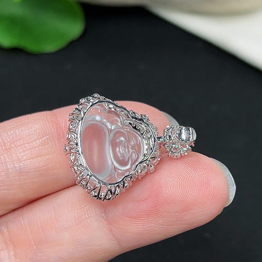 Jadeite Buddha pendant necklace with 18k non-diamond setting, shown in a close-up image of the pendant's detailed design.