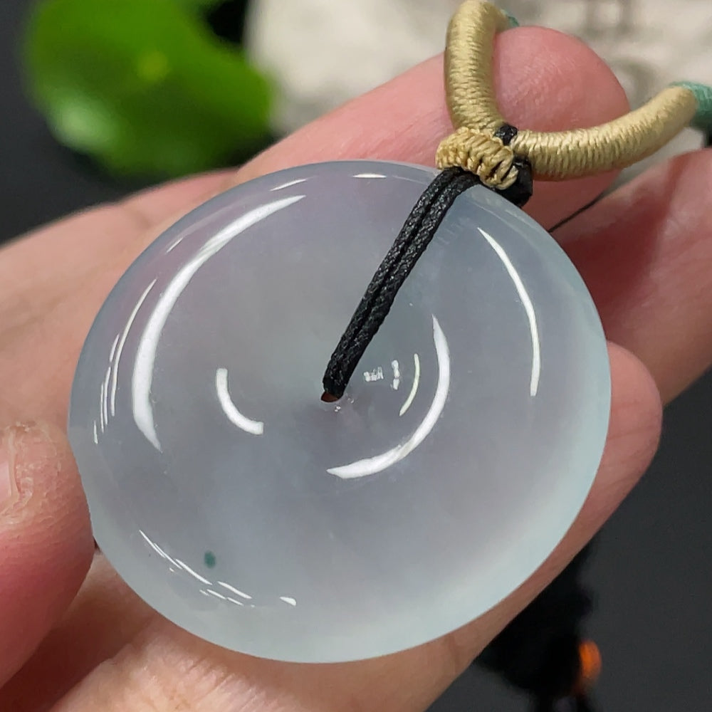 Jadeite pendant with peace buckle design, crafted by HUILIU HQ, weighing approximately 14g including rope, featuring smooth green jade.