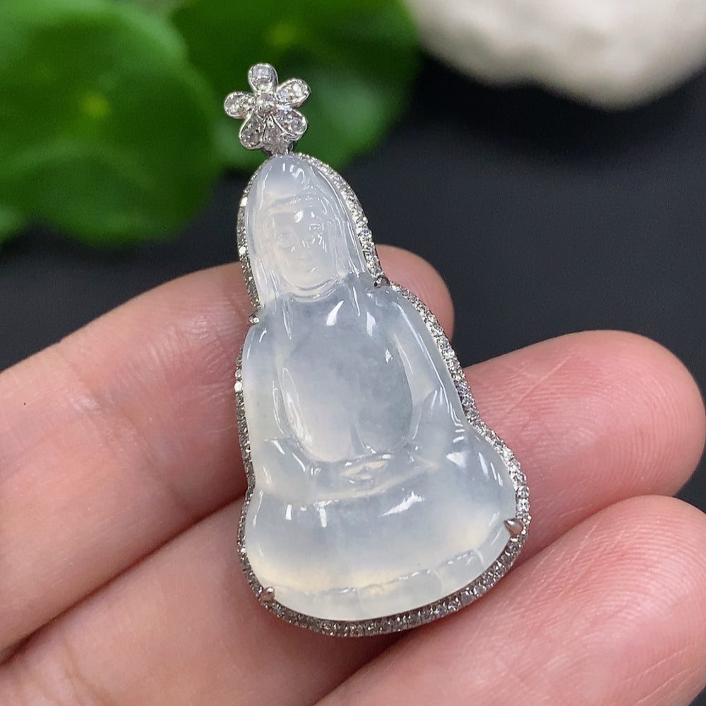 Huiliu Jadeite Guanyin pendant with diamond accents, intricate inlaid design, showcasing a serene Buddhist figure on a jade background.