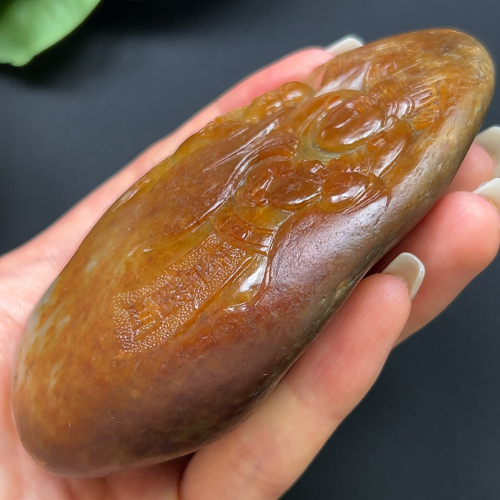 Hetian Jade Double Blessings Handheld Piece, color origin undetermined, contains other mineral components