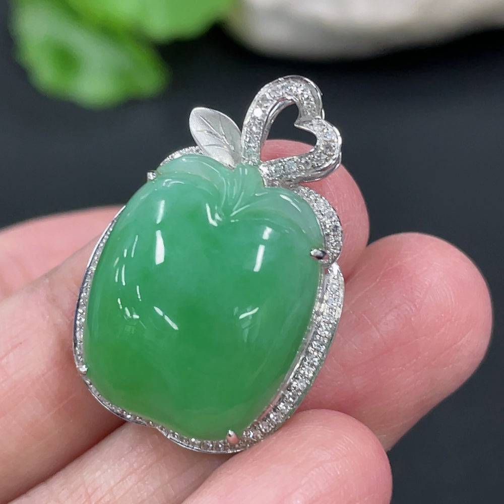 Huiliu Jadeite apple pendant set with diamond accents, featuring a polished jadeite fruit and detailed silver chain.