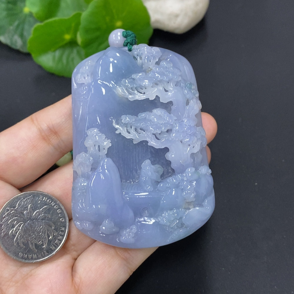 Jadeite landscape pendant with chain by HKHQ, featuring detailed jade carving of natural scenery, weighs approximately 142.7g.